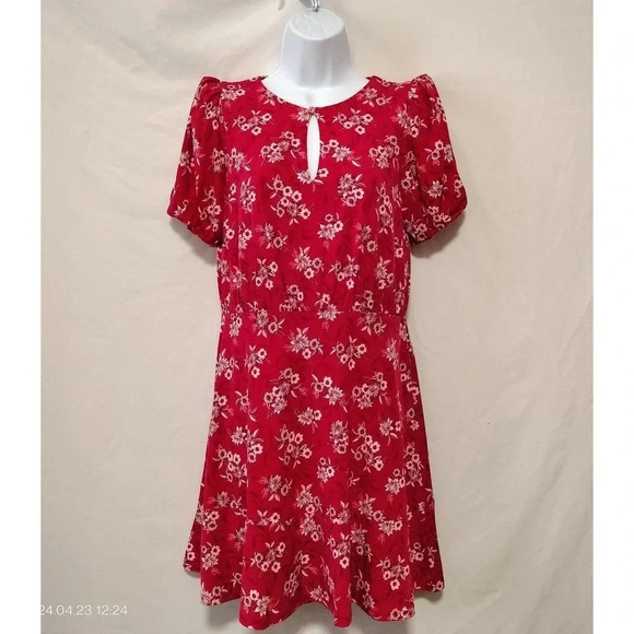 LOFT SZ 2p Red Floral Pattern Mini Fit and Flare Dress - Picture 2 of 10
